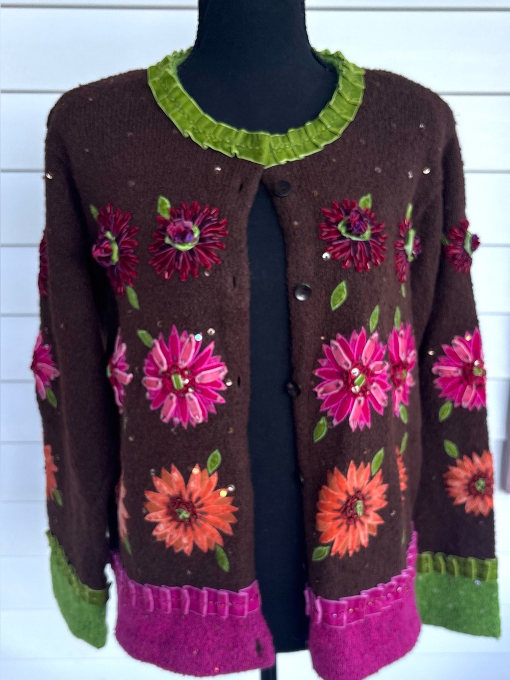 Design Options Embellished Floral Knit Cardigan Sweater Brown Flower medium